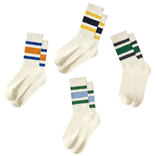 Image of Vintage Striped Crew Socks Slouchy Calf Tube Socks for Women and Men | Retro Athletic Mid-Calf Socks, Stretchy Knit Casual Comfort for Running Golf Tennis Volleyball & Daily Wear