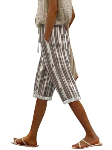 chouyatou Women's Vintage 90s Striped Pattern High Elastic Waisted Wide Leg Cropped Capri Pants with Pockets