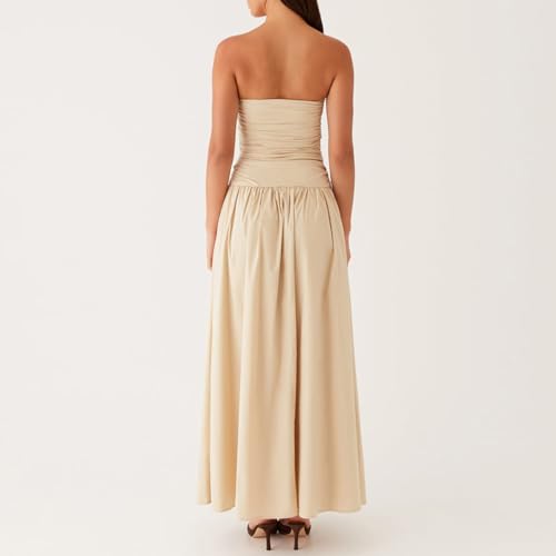 Image of Women Tube Top Maxi Dress 2025 Elegant Sleeveless Strapless Ruched Flowy Summer Long Wedding Party Cocktail Dresses