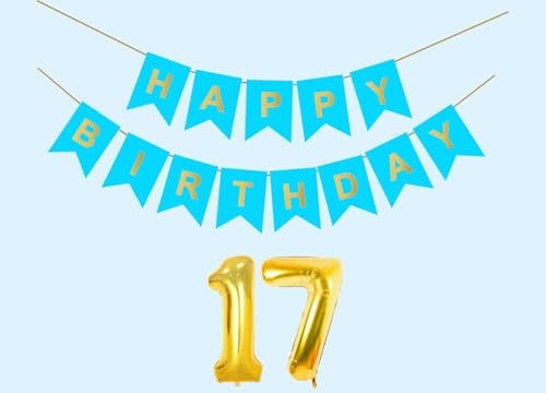 Image of 17th Sky Blue Happy Birthday Decoration Kit for 17 year Old Boys Girls Teenage with Number Seventeen Party Decorations Decor Celebration Items Item Set Combo Reusable Paper Banner