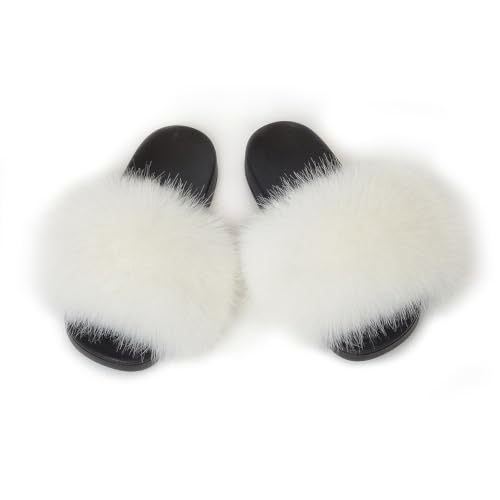 Image of Women's Faux Fur Slides Slippers Fluffy Fuzzy Sandals Open Toe Furry Slide Flip Flop Indoor Outdoor