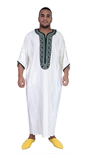 Moroccan Men Kaftan Handmade Thobe Long Gown White With Delicate Green Embroidery