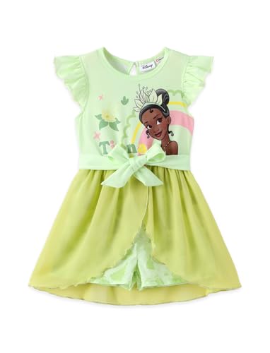 Disney Princess Tiana Toddler Girl Romper With Tulle Skirt Overlay Ruffle Sleeves Jumpsuit with Bow Kids One Piece Outfit Summer Clothes 3T