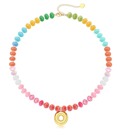 Initial Necklaces for Women, Beaded Necklaces for Women with Bubble Necklace Letter Stocking Stuffers for Teens Trendy Stuff Colorful Gemstone Choker 14k Gold Letter A-Z Pendant Summer Beach Christmas Birthday Jewelry for Her Girlfriend Sister