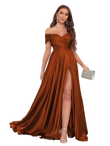 Image of JKMMYO Satin Bridesmaid Dresses for Women Off The Shoulder Pleated Long Formal Evening Dress