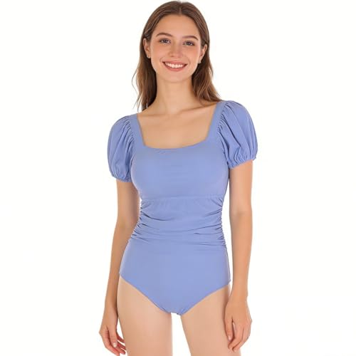 Dawwoti Fitness Swimming Costume for Women Puff Sleeves Backless One Piece Swimsuit Monokini White