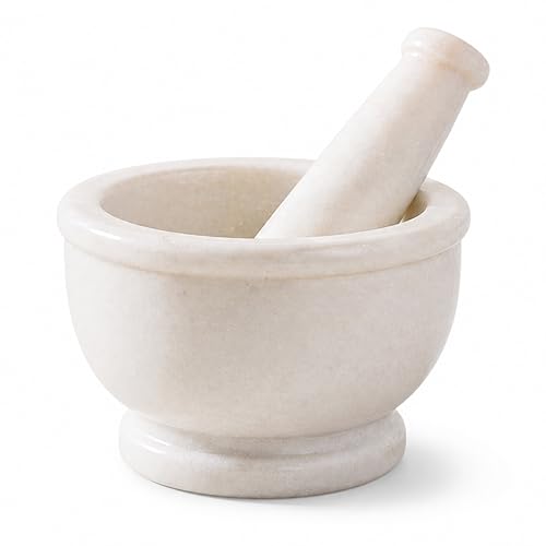 Image of Marble Mortar and Pestle Set Stone, Khalbatta, Imamdasta, Kharal, Kundi, Okhli, Musal, Mixer, Silbatta Kitchen tool for Grinding Ingredients (White, 4 * 3 Inch)