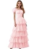WDCVGTR Princess Pink Floral Tulle Tiered Maxi Prom Dress Puff Sleeve Corset Lace Up Back Formal Gala Gown Size 4
