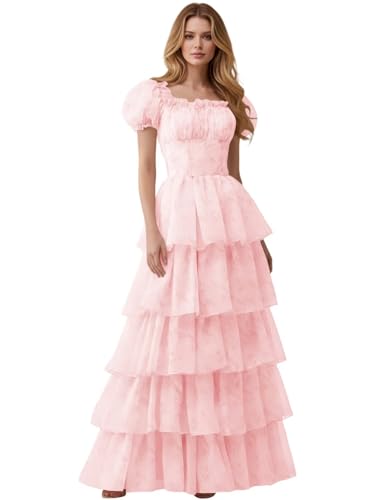 WDCVGTR Princess Pink Floral Tulle Tiered Maxi Prom Dress Puff Sleeve Corset Lace Up Back Formal Gala Gown Size 4