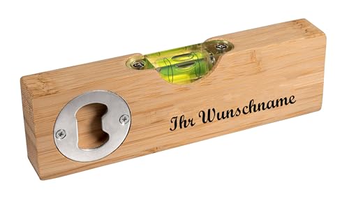 Bambus Wasserwaage mit Namensgravur - mit integriertem Flaschenöffner