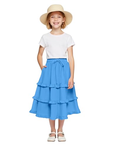 Image of Girls High Waisted Ruffle Maxi Skirt Soft Cotton Long Skirts with Elastic Waistband for Kid Girl 3-12 Years