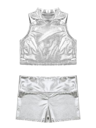 Kids Girls 2Piece Dance Athletic Tracksuit Metallic Sleeveless Mock Neck Crop Top Vest and Shiny Boy Shorts Set3