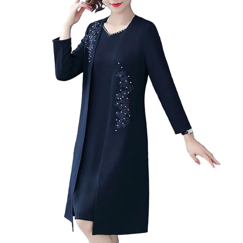 Classic Women Suit Solid Color Long Coat Dress Set 2 Pcs/set Elegant Spring Autumn Mid Length with Flower Embroidery