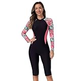 Rash Guard Swimsuits for Women 2025 One Piece Swimsuit Womens Swimwear Zipper Front Boyleg Shorts Long Sleeve Bathing Suit Surfing Swimming Water Aerobics Traje De Baño para Mujer Black Pink L