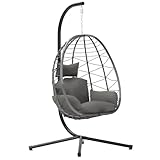 LEX CRAFT Egg Chair with Stand, Swing Chair Hanging Chair Nest Basket, UV Resistant Removable & Washable Cushions,350LBS Capacity for Bedroom, Balcony, Garden(GR-GR)