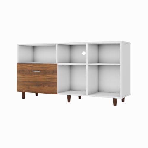 Image of VIKI Modern TV Unit for Living Room | Engineered Wood TV Cabinet with 1 Drawer Storage & 3 Open Shelves, Entertainment Unit, 140W x 74H x 40D cm | DIY | 1 Year Warranty (White & Walnut)