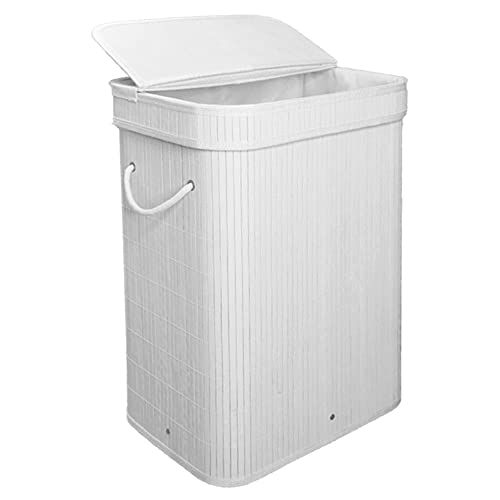 Laundry Basket with Lid, 72L Bamboo Laundry Hamper with Removable Liner, Collapsible Storage Dirty Clothes Basket with Handles for Laundry Bedroom (White)