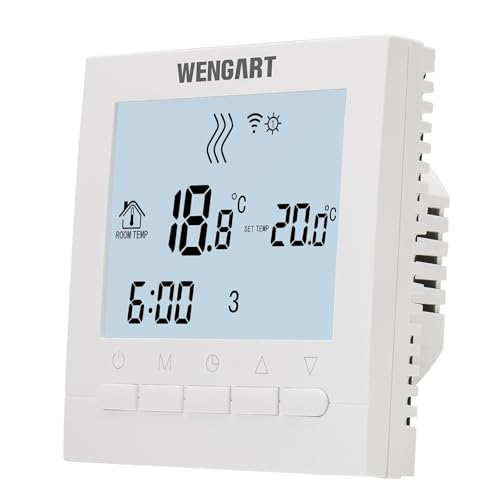 Wengart Termostato WiFi WG02B04, 2,4 GHz, aplicación Tuya, CA 230 V, 3 A, Pantalla Grande, Funcionamiento con Teclas, programación semanal, Compatible con Sistemas de Calentamiento de Agua