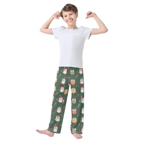 Xmas Owl Holly Leaves Boys Long Pants Soft Trousers Elastic Waist Kids Lounge Bottoms with Pockets S-XL2