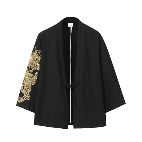 Image of Mens Japanese Kimono Cardigan Cotton Linen Haori Fashion 3 /4 Sleeve Yukata | Shawl Collar Kimono Jacket Robe Embroidery Patchwork Happi Coat Tie Pockets Lightweight Outerwear Daily Casual All Seasons