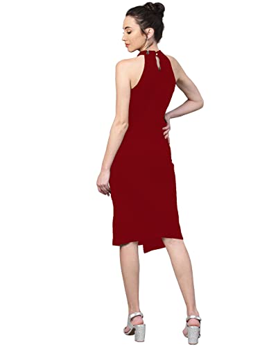 Image of Shasmi Women's Comfortable Red Halter Neck Sleeveless Solid Midi Bodycon Casual Western Stylish Dress