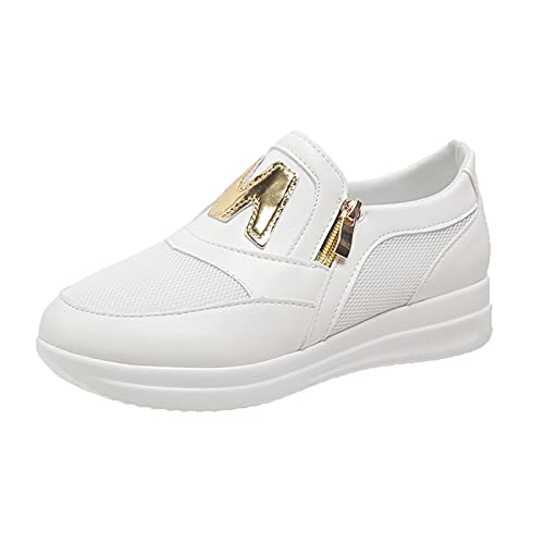 IQYU Scarpe sportive da donna, per il fitness, con plateau, colore nero, eleganti, con lacci e chiusura lampo, per il tempo libero, bianco, 38 EU