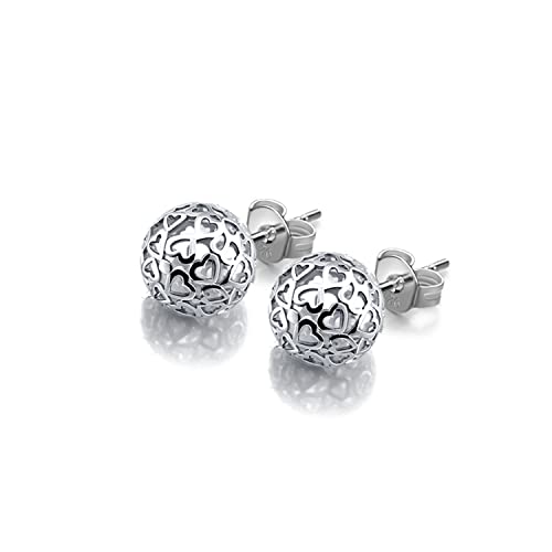 Bohemian - Women's 925 Sterling Silver Earrings - 7mm Hollow Pattern Ball Pendant - Silver Stud Earrings - 24k Gold - Fine Jewelry - Birthday Gift