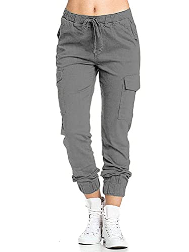 Minetom Femme Pantalon Cargo Streetwear Été Pants Straight Trousers Cordon Biker Pantalon de Sportive Jogging Sweatpants Gris M