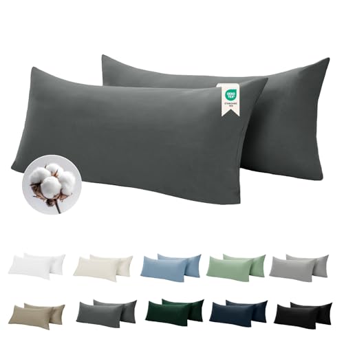 BEDELITE Kissenbezug 40 x 80 Baumwolle Grau - Kopfkissenbezug 40x80cm Anthrazit 2er Set mit extra Lange Reißverschluss weiche Oeko-Tex Kissen Bezug Dark Grey Pillowcase Pillow Cover