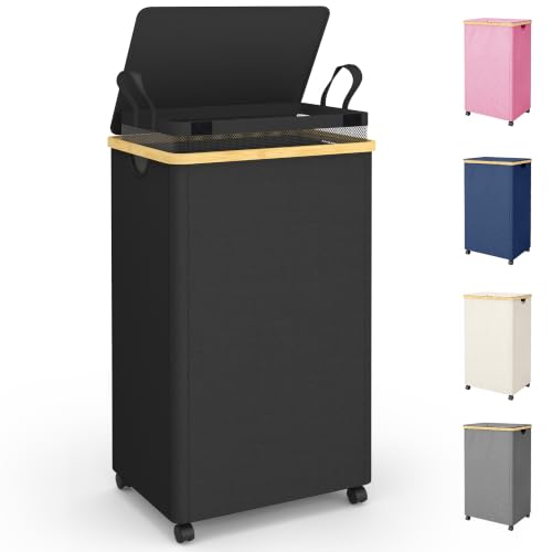 Image of efluky 100L Laundry Basket with Wheels and Lid, Rolling Laundry Hamper with Bamboo Handles and Removable Bag, Dirty Clothes Hamper on Wheels for Laundry Room Organizer, Dorm