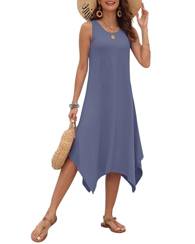 Image of AUSELILY Women's Summer Dresses Casual Sleeveless Midi Dress with Pockets | Crew neck tank dress with asymmetrical hem, ideal for beach, vacation, and daily wear