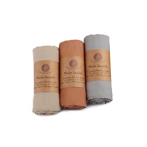 Image of Meracorallo Muslin Swaddle Blanket, Rayon Cotton Blend, 3Pk, Neutral Tone | Silky Soft, Lightweight Breathable, 47x47 In, Receiving Blanket, Swaddle Wrap for Baby Boys Girls
