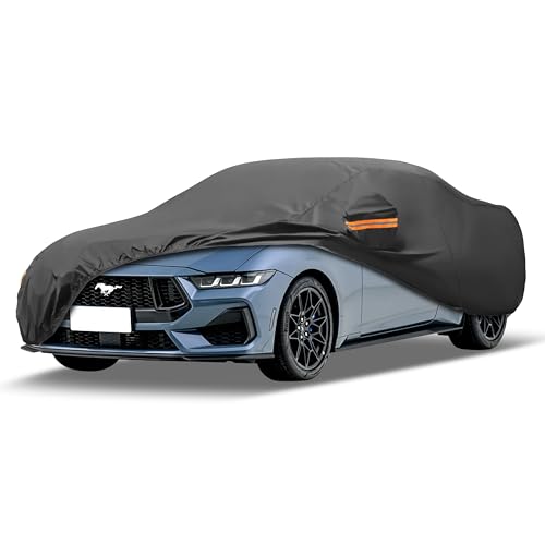 MORNYRAY Housse de voiture compatible avec Ford Mustang, housse de voiture imperméable pour l'extérieur, protection contre le soleil, la pluie, la neige, la grêle avec fermeture éclair de porte
