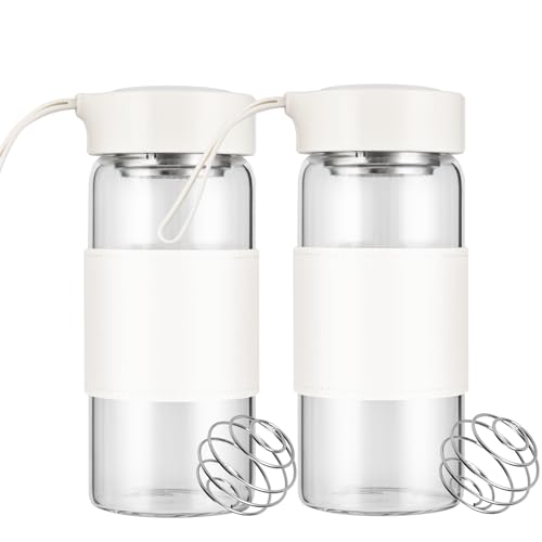 BNCWCQZ Kleine Glas-Shaker-Flasche, BPA-frei, geruchlos, mit 304SS Rührball und abnehmbarer Reinigungsbürste für Fitness und Protein-Shakes, Weiß, 2 Stück