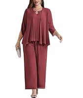 Hanna Nikole Damen Hosenanzug Abendanzug Sets Chiffon Damen Set Elegant Hosenanzug Bluse + Weites Bein Hose Sommer Herbst Outfit Casual Jujuberot 50