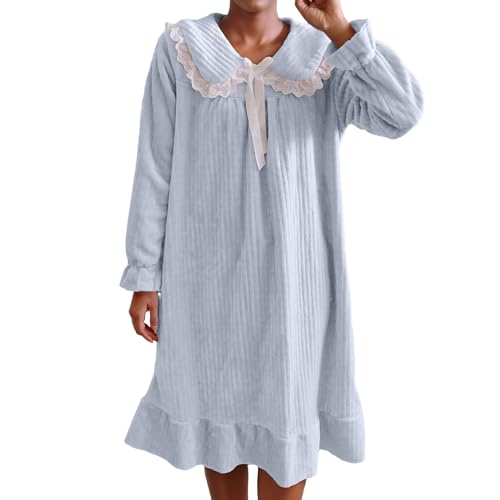 Doll Collar Pajamas for Women Long Sleeve Solid Flannel Nightdress Fashion Comfort Pajama Casual Home Midi Pjs Dress Blue