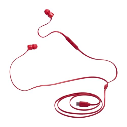 JBL Tune 310 C Przewodowe Słuchawki Douszne Hi-Res z Mikrofonem, Płaskim Nieplączącym się Kablem, 3-Przyciskowym Pilotem, Regulacją Ustawień Korektora i Głośności, Czerwone