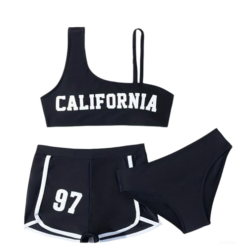 Generisch Bikini de 3 piezas para niña, cintura alta, conjunto de bikini con cubierta de bañador, 92 niñas, Negro , 7-8 años