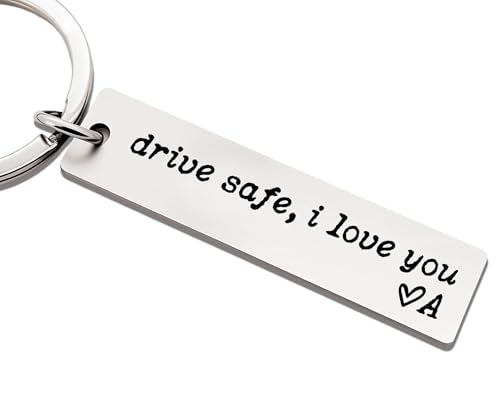 ZEARPT Drive Safe I Love You Keychain AZ Initial Engraved Stainless Steel Key Ring Personalized Gift for Boyfriend Husband & Family Members