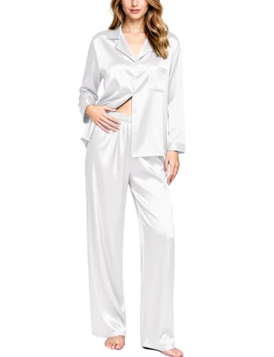 Image of SWOMOG Long Sleeve Pajamas Set Silk Satin Sleepwear Button Down Pjs Loungewear with Pocket
