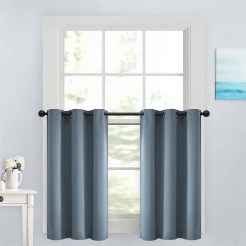 Yakamok Soild Small Window Curtains, Grommet Thermal Insulated Privacy Curtains and Drapes Room Darkening Shades Decent Decor for Kitchen Camper Closet(2 Panels,Stone Blue,42x36 Inch)