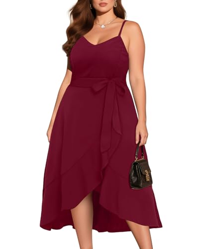 Image of Pinup Fashion Plus Size Cocktail Party Wedding Guest Semi Formal Midi Dress | Sexy V-neck, adjustable spaghetti strap, belted waist, fit and flare, flowy high-low ruffle hem, ideal for prom, homecoming