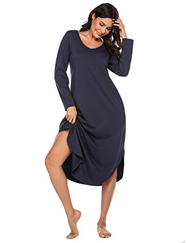Ekouaer Women's Sleepwear Long Sleeve Long Nightshirts V Neck Casual Sleepshirts Plus Size(Navy, X-Large)