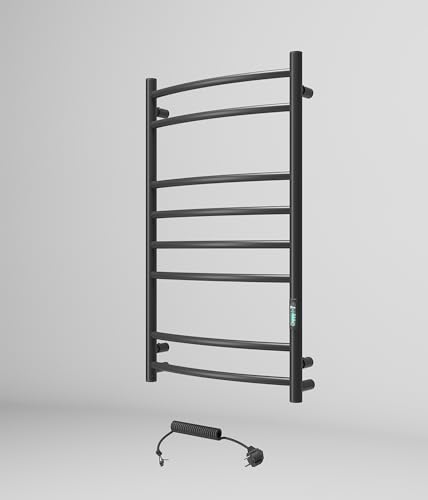 Designer - Radiador eléctrico para toallas, negro, 130 W, 810 x 480 mm, montaje en pared, termostato y temporizador, IP44