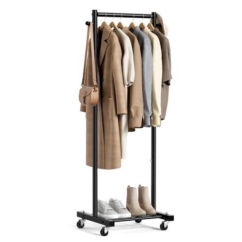 MISSLO Small Clothes Racks for Hanging Clothes Clothing Rack with Wheels 60' Metal Garment Rack with Shelves Portable Rolling Wardrobe Rack for Small Space, Black