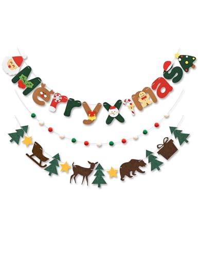クリスマスガーランド フェルト クリスマス 飾り付け 吊り下げ クリスマスパーティー装飾 壁/窓/天井/リビングのデコレーション 雑貨 メリークリスマスバナー Christmas decorations クリスマスツリー飾り オーナメント イベントグッズ 吊り旗 3本セット (グリーン)