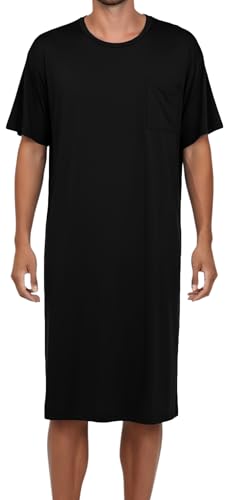 FEOYA Nachthemd Herren Kurzarm Schlafshirt Männer Einteiliger Schlafanzug Langes Pyjama Tops Nachtwäsche Sleepshirt Schwarz