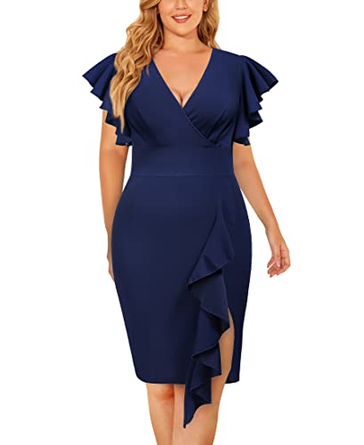 Image of Miusol Women's Plus Size Vintage V Neck Ruffles Sleeve Bodycon Business Cocktail Party Pencil Dress