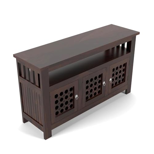 Image of Solid Sheesham Wood Wooden Sideboard Storage Cabinet & Chest of Drawer : Ideal for Living Room and Bedroom with 3-Shelf Storage (Hurtado, Walnut Finish)