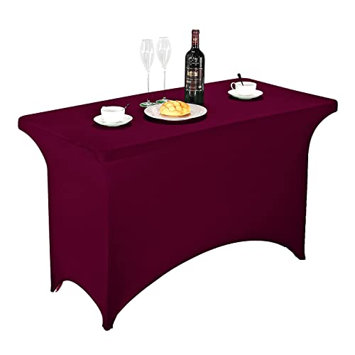 Image of FORLIFE Burgundy Spandex Table Cover - Fitted 4ft Rectangular Tablecloth for Weddings, Banquets, Parties - Stretch Patio Cover